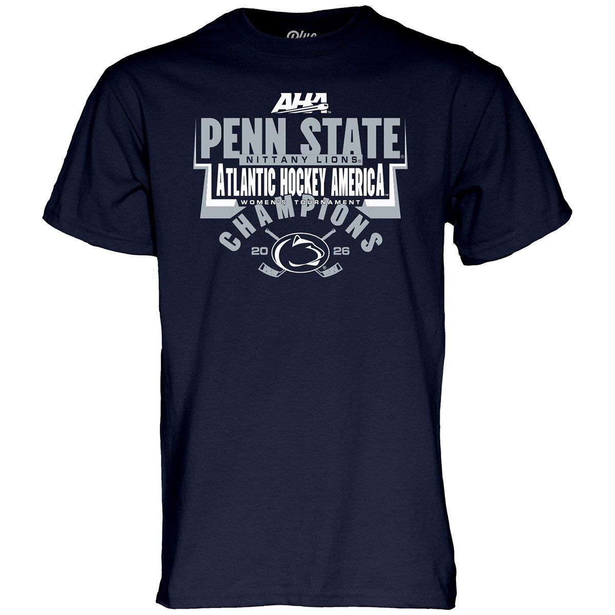 navy short sleeve t-shirt Penn State Atlantic Hockey America Champions 2026